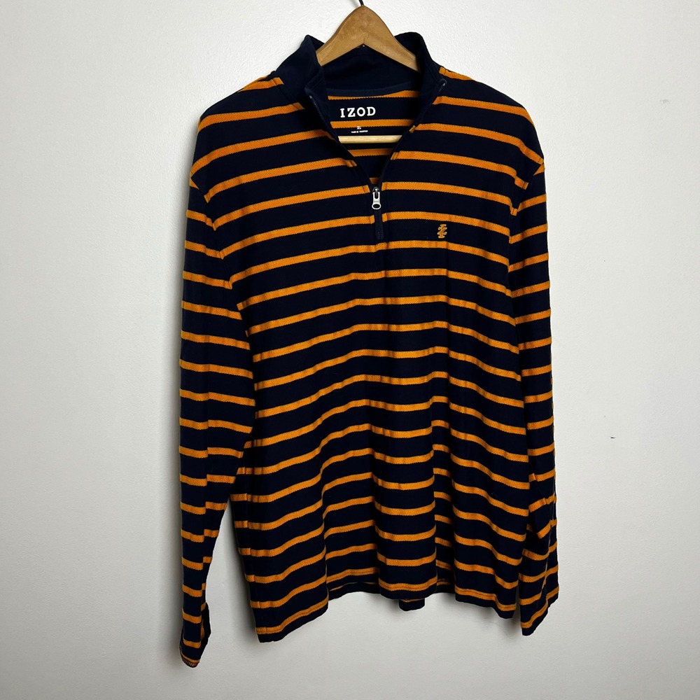 IZOD Mens XL Quarter Zip Pullover Navy Blue Yellow Striped Long Sleeve Cotton‎